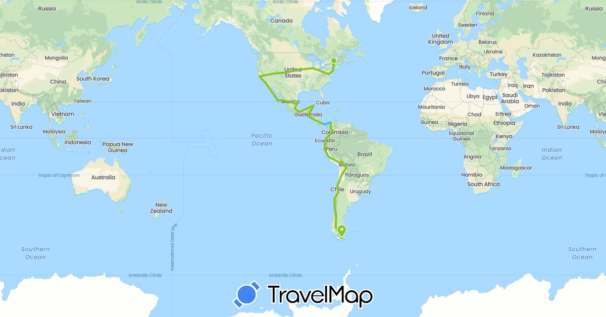 TravelMap itinerary: driving, boat, electric vehicle in Argentina, Bolivia, Canada, Chile, Colombia, Ecuador, Guatemala, Mexico, Nicaragua, Panama, Peru, United States (North America, South America)